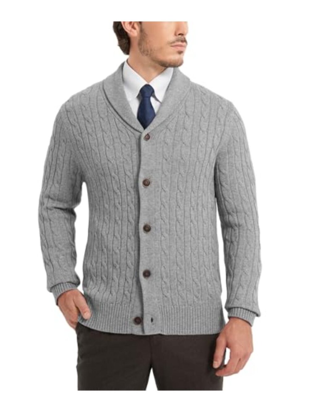 Shawl Collar Wool Blend Cardigan Cable Knit Button Down Long Sleeve